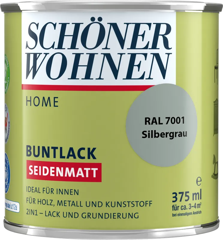 375ml Schöner Wohnen Home Buntlack seidenmatt, RAL 7001 Silbergrau Geprüft