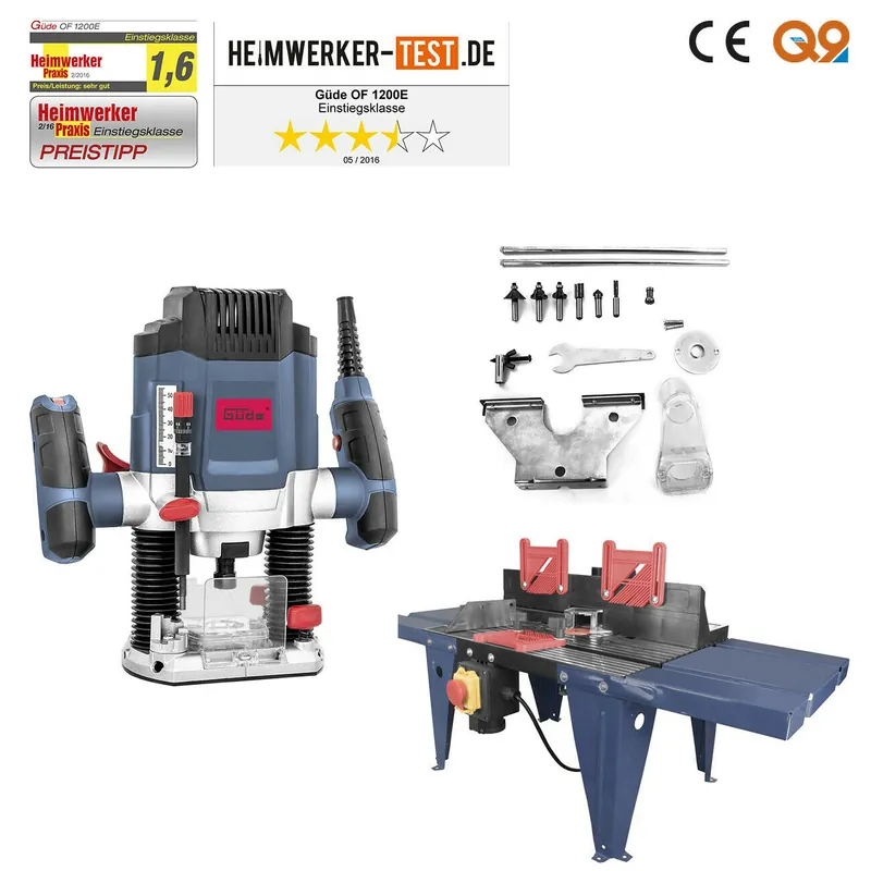 Güde Oberfräse OF 1200 E mit Oberfräsentisch, Fräsmaschine Set mit Zubehör Highlight