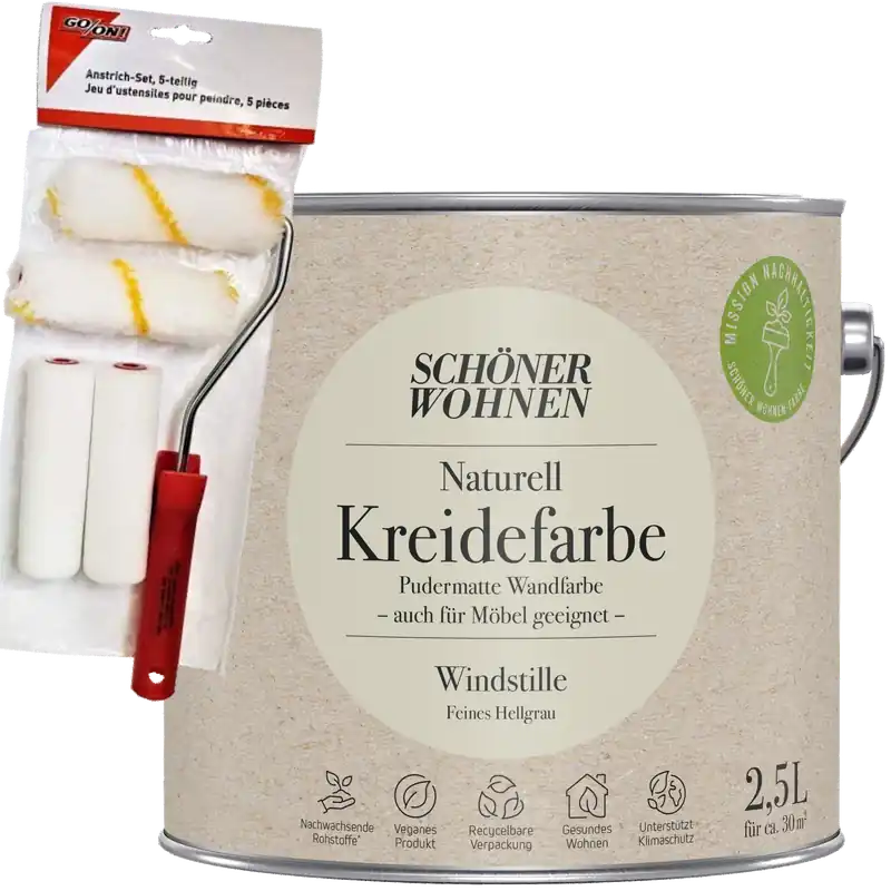 2,5L Schöner Wohnen Naturell Kreidefarbe Windstille, Feines Hellgrau + Farbroller-Set 5-teilig Kostenfreie Lieferung