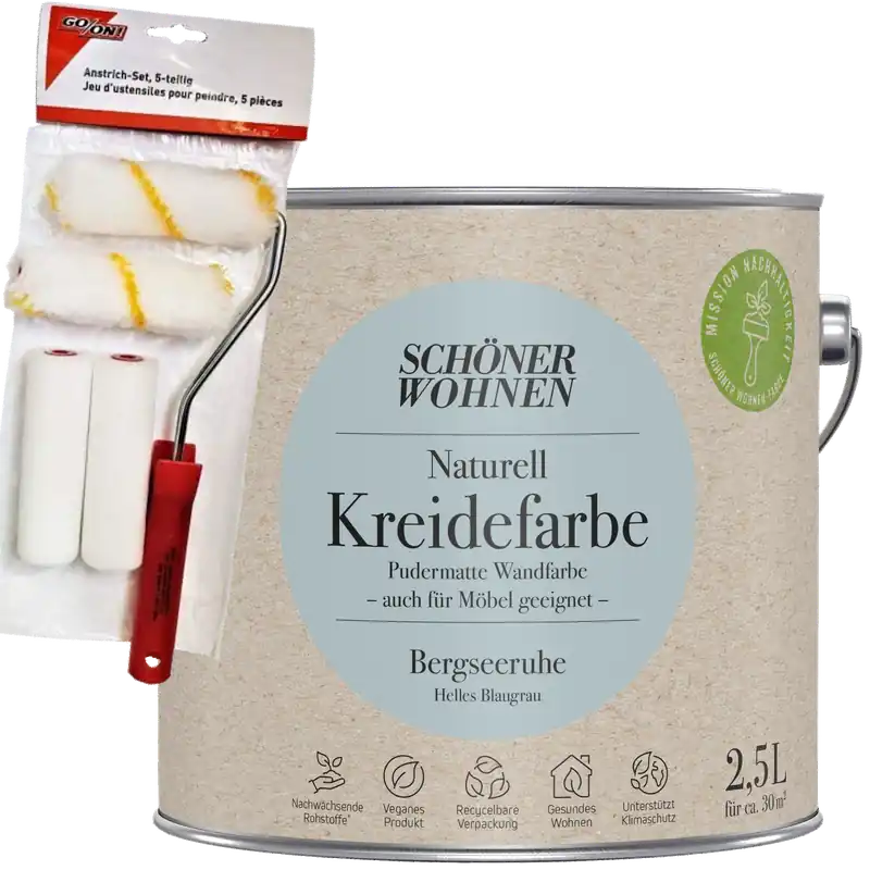 2,5L SW Naturell Kreidefarbe Bergseeruhe,Helles Blaugrau+Farbroller-Set Preisreduziert