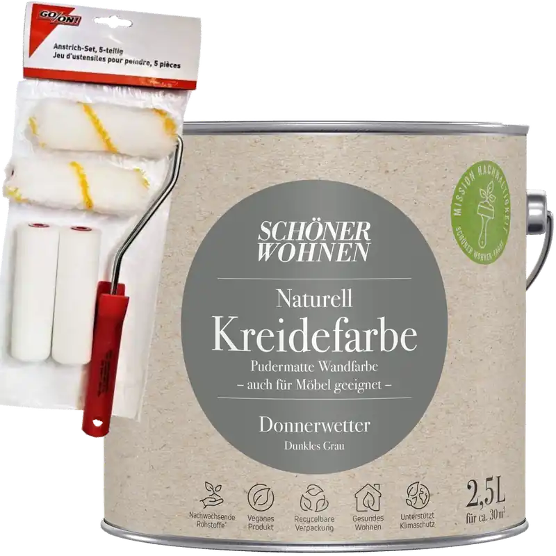 2,5L Schöner Wohnen Naturell Kreidefarbe Donnerwetter, Dunkles Grau + Farbroller-Set 5-teilig Schneller Versand