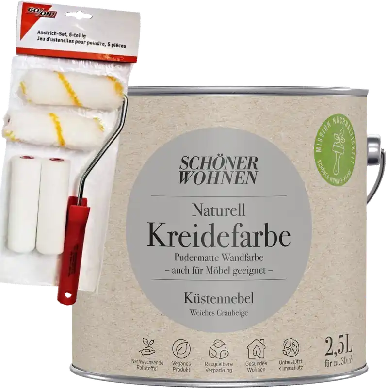 2,5L Schöner Wohnen Naturell Kreidefarbe Küstennebel, Weiches Graubeige + Farbroller-Set 5-teilig Expressversand