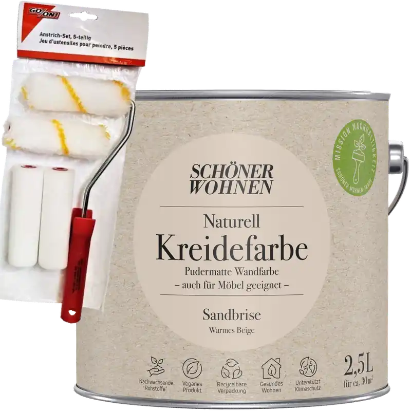 2,5L Schöner Wohnen Naturell Kreidefarbe Sandbrise, Warmes Beige + Farbroller-Set 5-teilig Sofort Bestellen