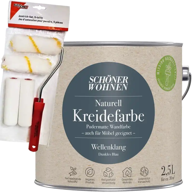 2,5L Schöner Wohnen Naturell Kreidefarbe Wellenklang, Dunkles Blau + Farbroller-Set 5-teilig Nur Heute