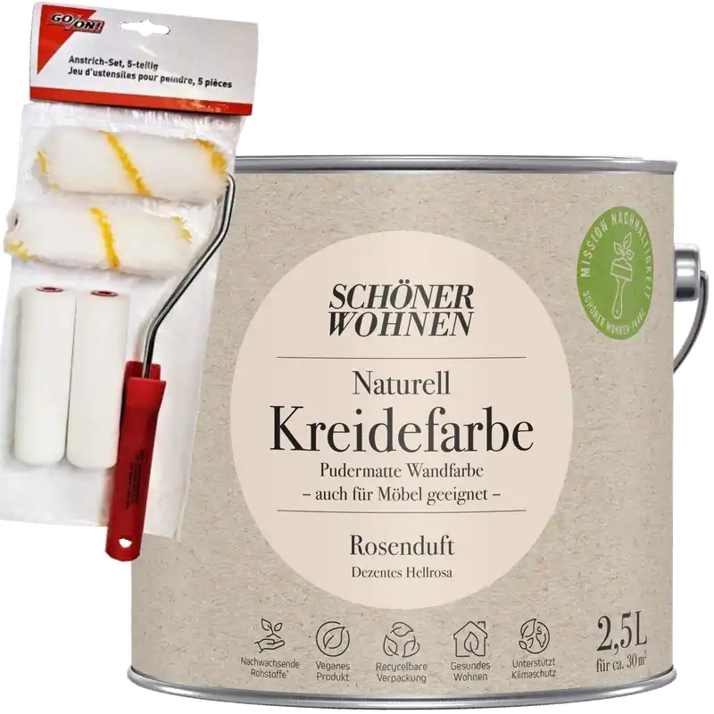 2,5L Schöner Wohnen Naturell Kreidefarbe Rosenduft, Dezentes Hellrosa + Farbroller-Set 5-teilig Sofort Bestellen