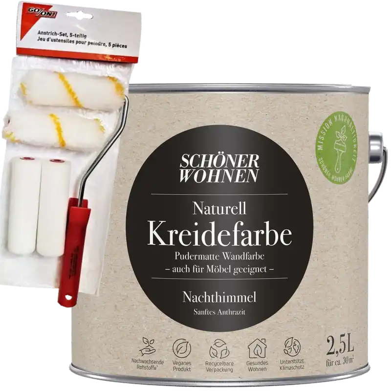 2,5L Schöner Wohnen Naturell Kreidefarbe Nachthimmel, Sanftes Anthrazit + Farbroller-Set 5-teilig Markenware