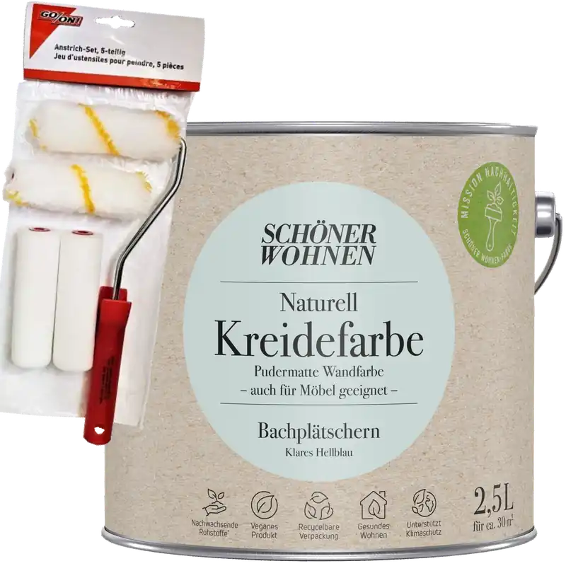 2,5L Schöner Wohnen Naturell Kreidefarbe Bachplätschern, Klares Hellblau + Farbroller-Set 5-teilig Aktuell
