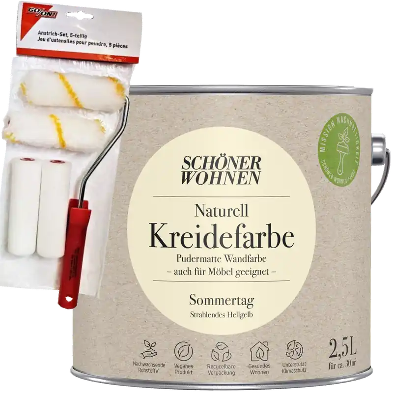 2,5L Schöner Wohnen Naturell Kreidefarbe Sommertag, Strahlendes Hellgelb + Farbroller-Set 5-teilig Direkt Vom Hersteller