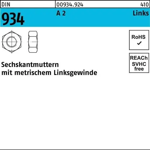Neu Sechskantmutter DIN 934 links M8 -LH A 2 (- 70) 100 Stück