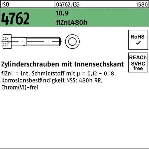 Zylinderschraube ISO 4762 Innen-6kt M8x35 10.9 zinklamellenb. 200St. Saisonangebot