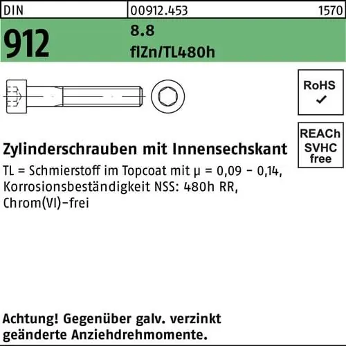 Zylinderschraube DIN 912 Innen-6kt M8x16 8.8 flZnnc 480h-L 200St. Expressversand