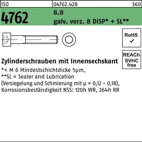 Zylinderschraube ISO 4762 Innen-6kt M4x16 8.8 galv.verz. 8 DiSP+SL 500St. Jetzt Bestellen