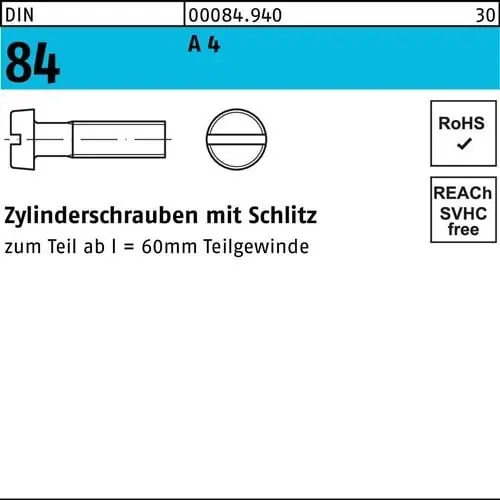 Zylinderschraube DIN 84/ISO 1207 Schlitz M5x 10 A 4 500 Stück Ausverkauf