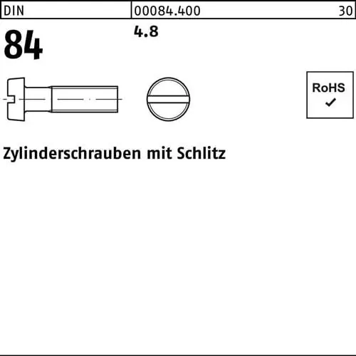 Zylinderschraube DIN 84/ISO 1207 Schlitz M4x 50 4.8 1000 Stück Saisonangebot